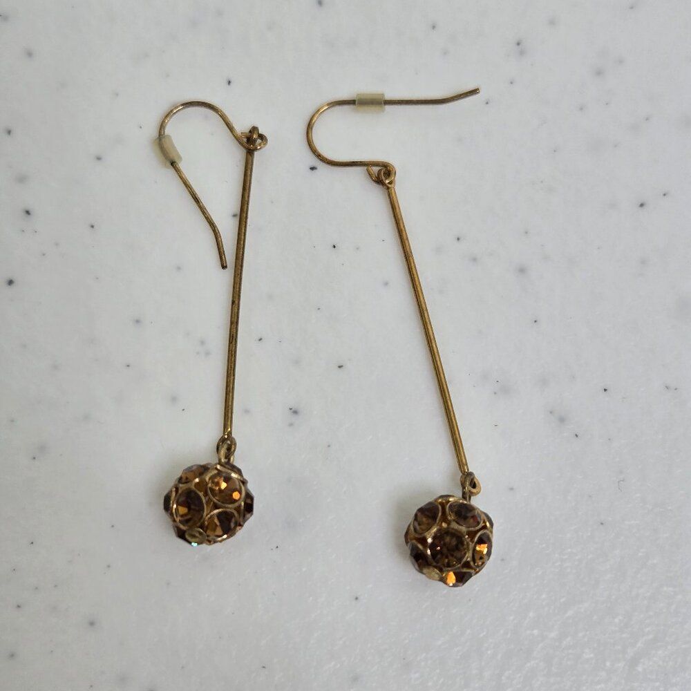 Drop Earrings Textured Gold Tone Dangle Rhinestone Brown Long Ball